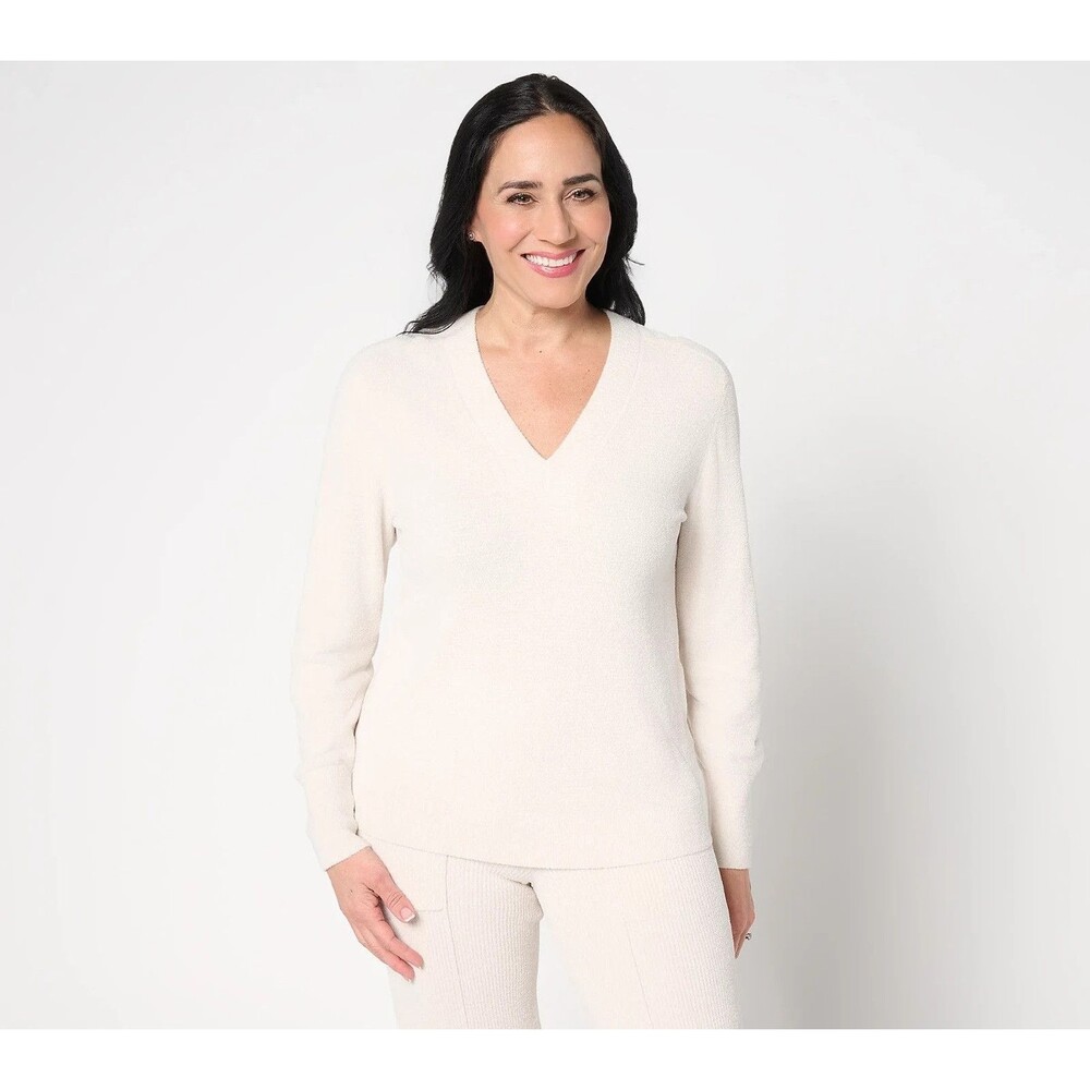 Barefoot Dreams Cozychic Ultra Lite Knit V Neck Sweater Women XL White Tunic EUC